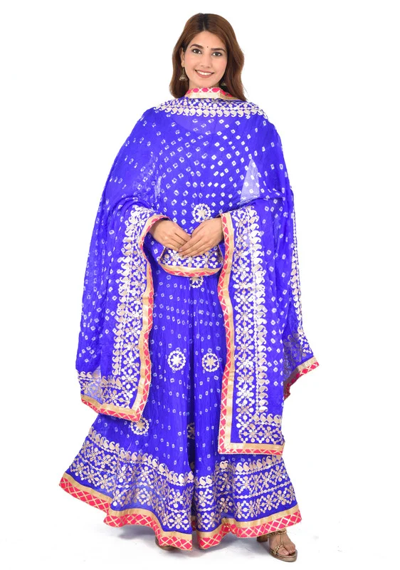 PK HUB Women's Rajasthani Traditional Bhandej Hand Gota Patti Work Lehnga Chunni Set - Free Size, Blue
