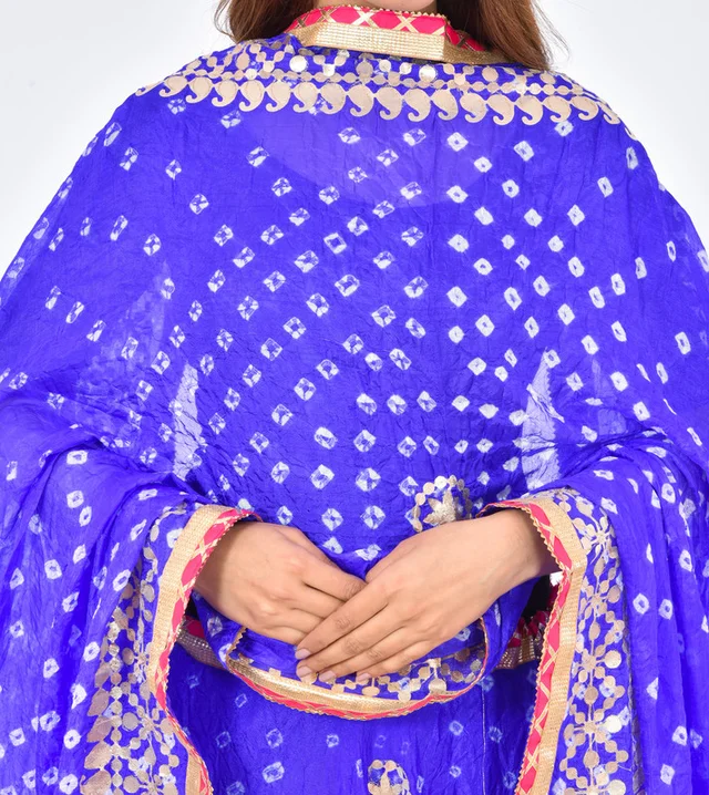 PK HUB Women's Rajasthani Traditional Bhandej Hand Gota Patti Work Lehnga Chunni Set - Free Size, Blue