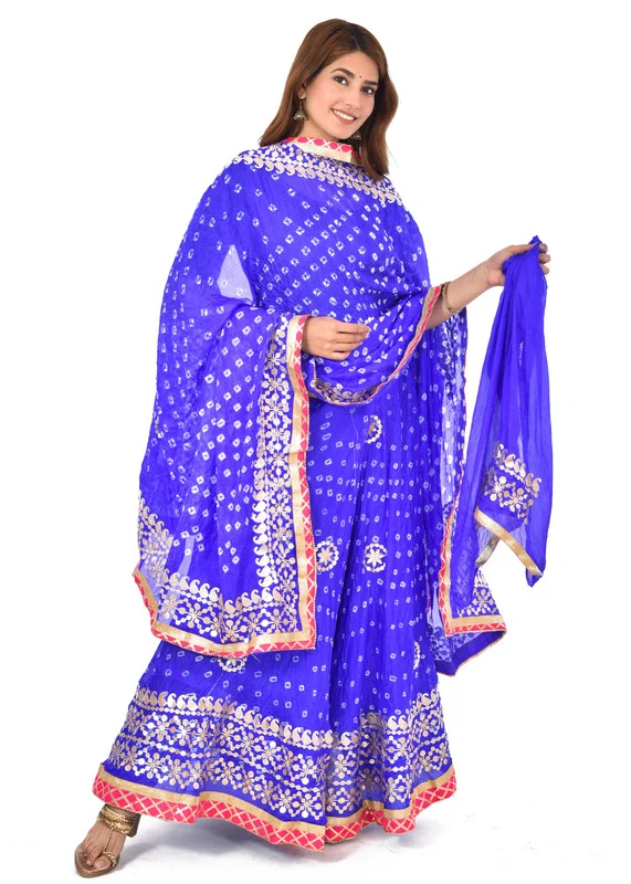 PK HUB Women's Rajasthani Traditional Bhandej Hand Gota Patti Work Lehnga Chunni Set - Free Size, Blue