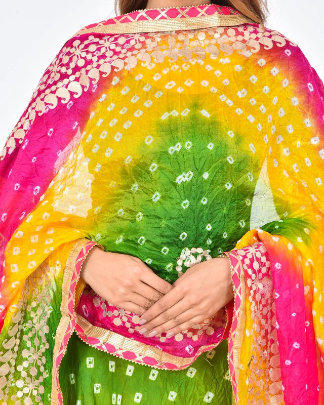 PK HUB Women's Rajasthani Traditional Bhandej Hand Gota Patti Work Lehnga Chunni Set - Free Size, Multicolour