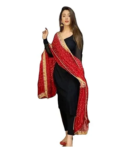 PK HUB Women's Rayon Black Kurti Pant with Red Bhandhej Dupatta - L, Black