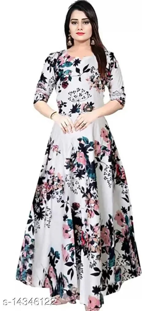 PK HUB Women's Rayon Floral Printed Blue Anarkali Kurta - L, White