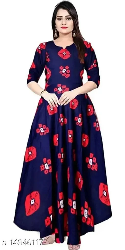 PK HUB Women's Rayon Floral Printed Blue Anarkali Kurta - XL, Navy Blue