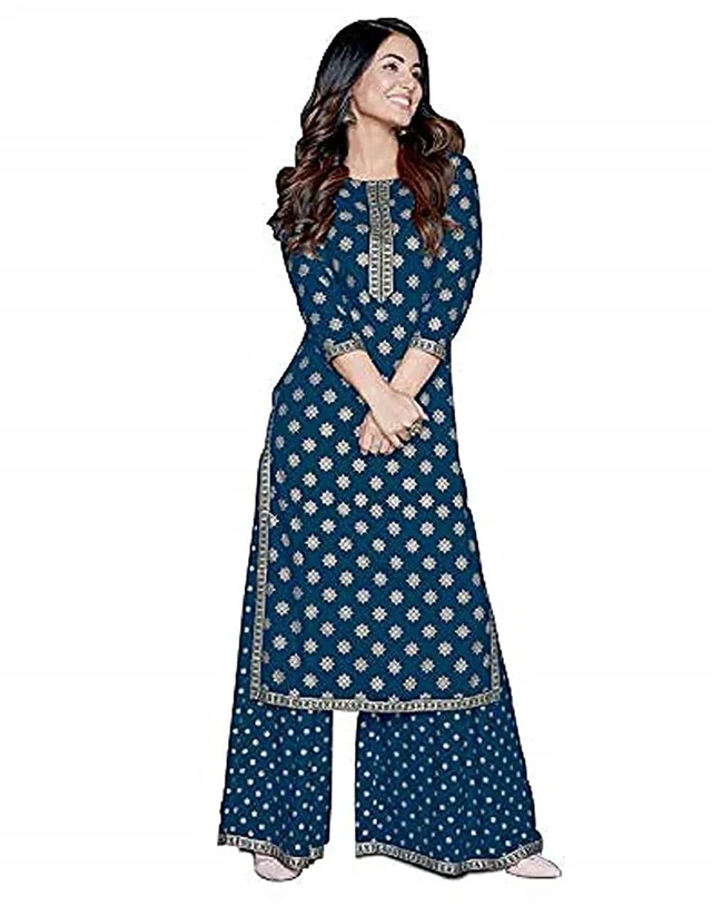 PK HUB Women's Rayon Gold Print Blue Kurta and Palazzo Set - L, BLUE
