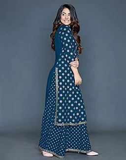 PK HUB Women's Rayon Gold Print Blue Kurta and Palazzo Set - L, BLUE