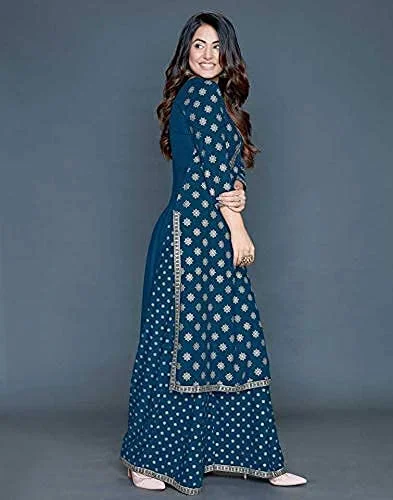 PK HUB Women's Rayon Gold Print Blue Kurta and Palazzo Set - L, BLUE