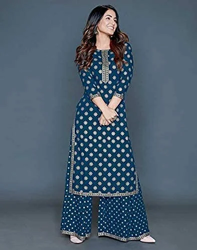 PK HUB Women's Rayon Gold Print Blue Kurta and Palazzo Set - L, BLUE