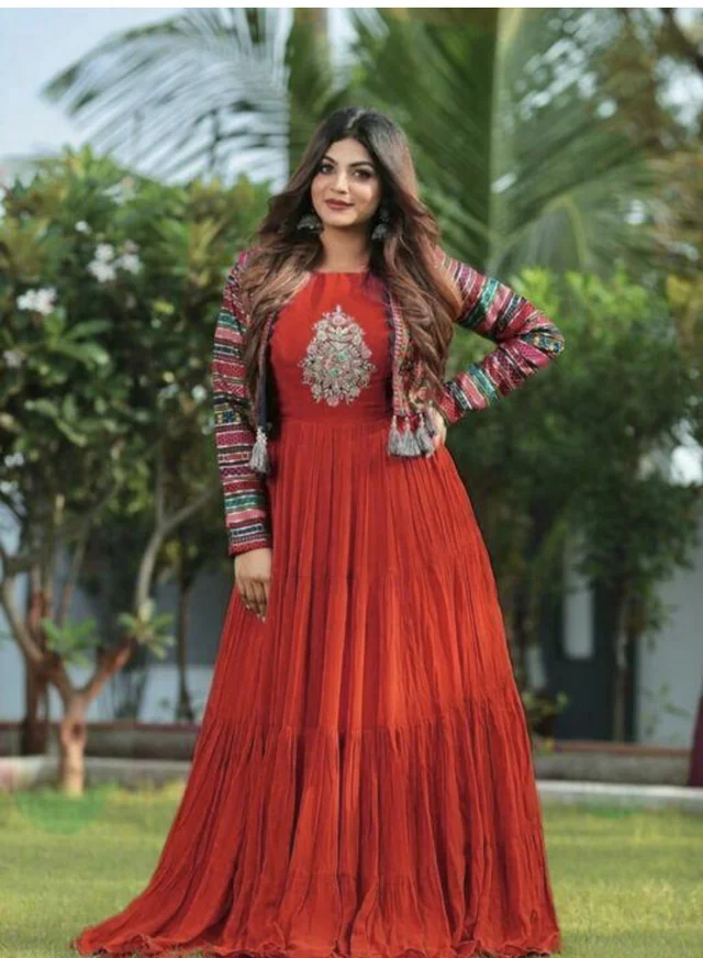 PK HUB Women's Rayon Printed Anarkali Kurti with Jacket - XL, Red
