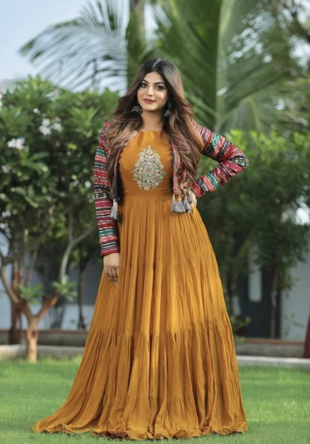 PK HUB Women's Rayon Printed Anarkali Kurti with Jacket - L, Yellow