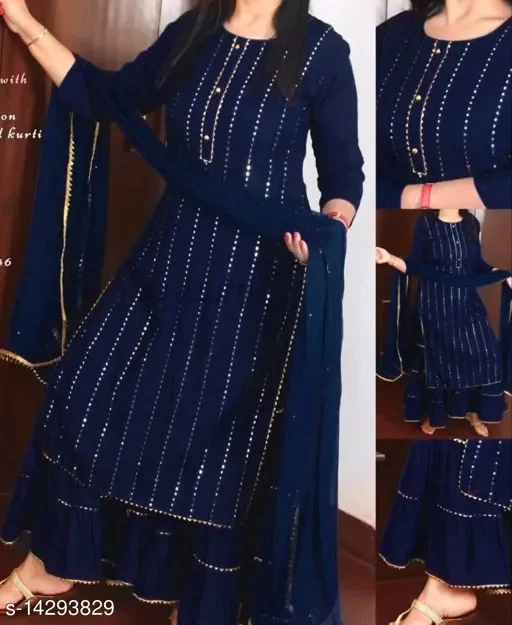 PK HUB Women's Solid Party Wear Kurta Set with Sharara - M, Blue