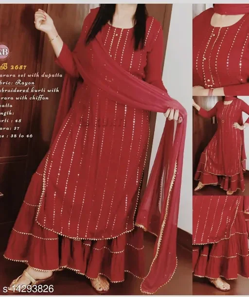 PK HUB Women's Solid Party Wear Kurta Set with Sharara - XL, Red
