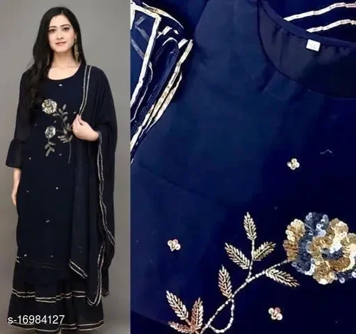 PK HUB Women's Solid Party Wear Kurta Set with Sharara - M, Blue
