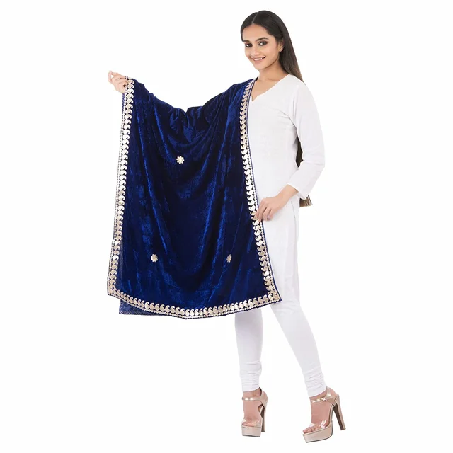 PK HUB Women's Velvet Gota Patti Dupatta (1Pc Dupatta Only, 30 Inches x 2.25 MTRS) - FREE SIZE, Blue