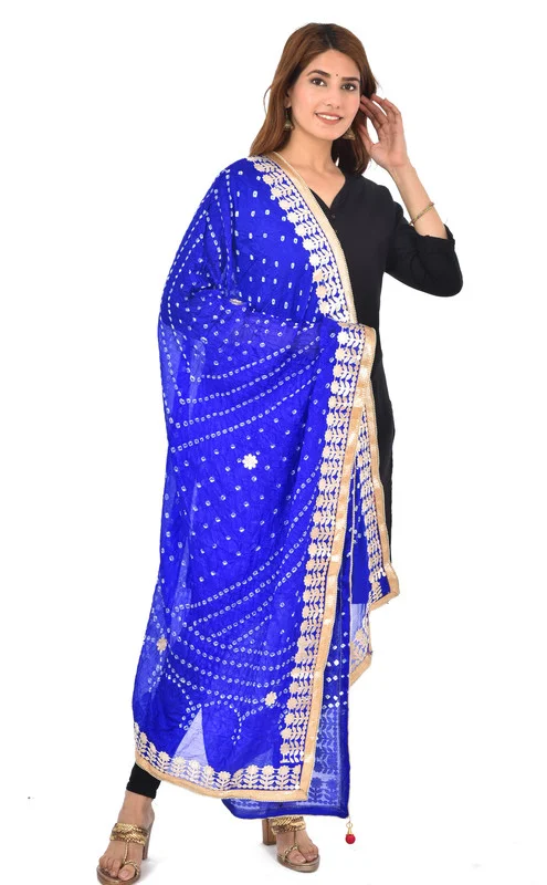 PK HUB® Dresses Jaipuri Rajasthani Women's Art Silk Bandhani Bandhej Dupatta With Heavy Gota Patti Work (Free size) - FREE SIZE, Blue