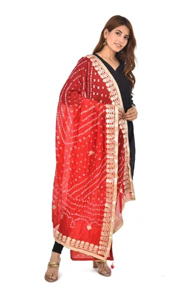PK HUB® Dresses Jaipuri Rajasthani Women's Art Silk Bandhani Bandhej Dupatta With Heavy Gota Patti Work (Free size) - FREE SIZE, Red