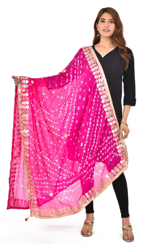PK HUB® Dresses Jaipuri Rajasthani Women's Art Silk Bandhani Bandhej Dupatta With Heavy Gota Patti Work (Free size) - FREE SIZE, Pink