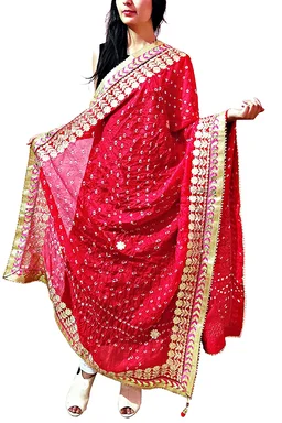 PK HUB® Dresses Women's Jaipuri Rajasthani Girl's Bandhej Dupatta with Heavy Gota Patti Work (Red Heavy Bandhej) (Free Size) - FREE SIZE, Red