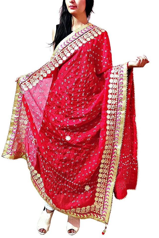 PK HUB® Dresses Women's Jaipuri Rajasthani Girl's Bandhej Dupatta with Heavy Gota Patti Work (Red Heavy Bandhej) (Free Size) - FREE SIZE, Red