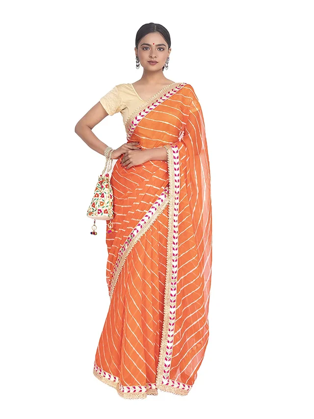 PK HUB® Women's & Girl's Leheriya Chiffon Moti less gota patti border Saree With Blouse Piece - Orange