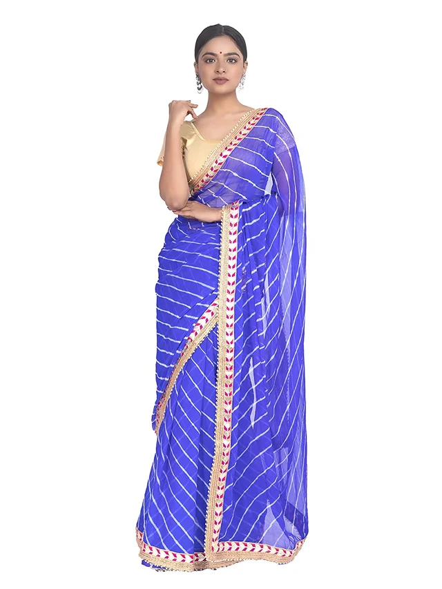 PK HUB® Women's & Girl's Leheriya Chiffon Moti less gota patti border Saree With Blouse Piece - Blue