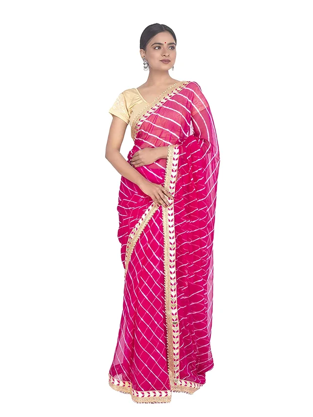 PK HUB® Women's & Girl's Leheriya Chiffon Moti less gota patti border Saree With Blouse Piece - Pink