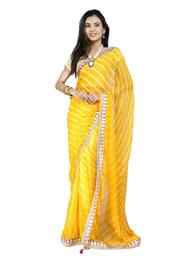 PK HUB® Women's & Girl's Leheriya Chiffon Moti less gota patti border Saree With Blouse Piece