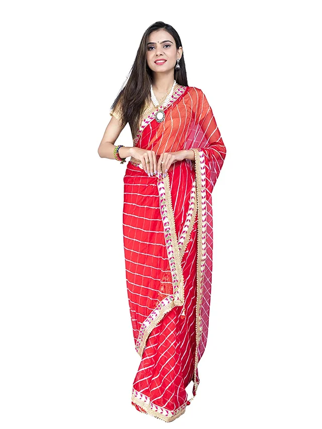 PK HUB® Women's & Girl's Leheriya Chiffon Moti less gota patti border Saree With Blouse Piece