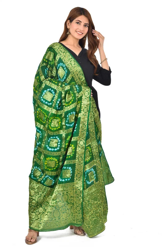 PK HUB® Women's Art Silk Banarasi Bandhej Ghatchola Dupatta (2.5 - mtr) - FREE SIZE, Green