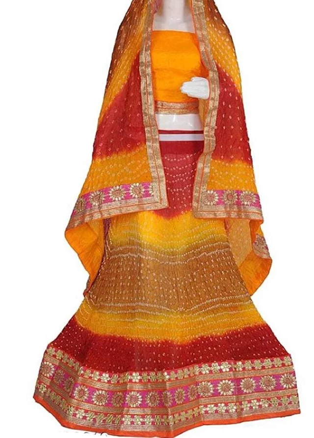 PK HUB® Women's Art Silk Rajasthani Bandhej stitched Ready to wear Lehenga Choli with Dupatta set - Yellow &Red