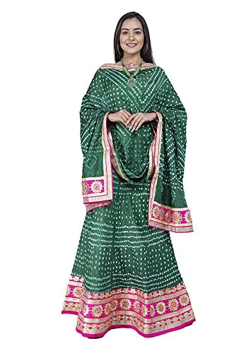 PK HUB® Women's Art Silk Rajasthani Bandhej stitched Ready to wear Lehenga Choli with Dupatta set - Green