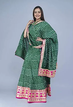 PK HUB® Women's Art Silk Rajasthani Bandhej stitched Ready to wear Lehenga Choli with Dupatta set - Green