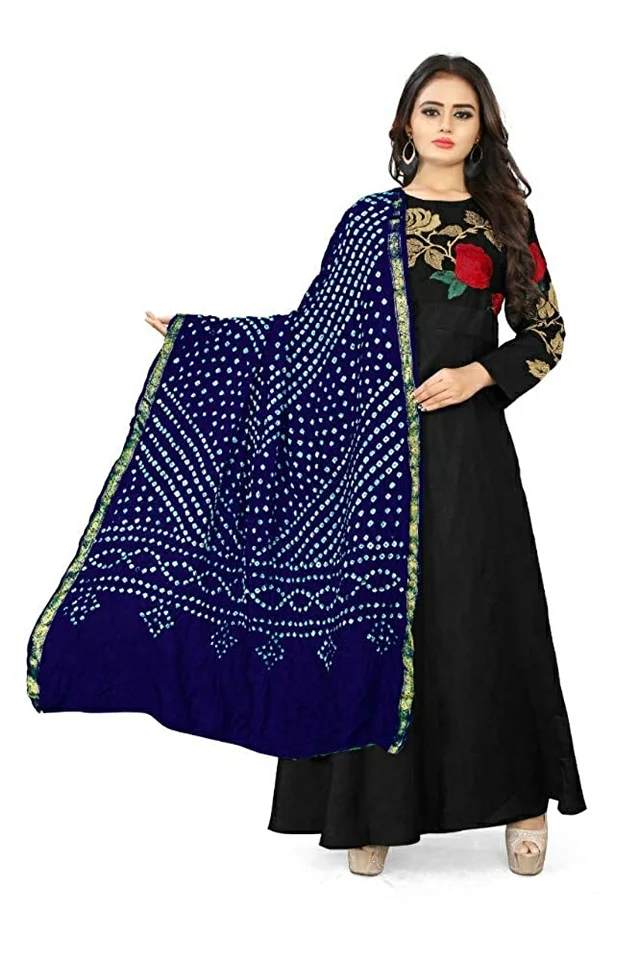 PK HUB® women's BANDHANI SILK dupatta with BANDHEJ work panna"40" and length 2.40 meter - FREE SIZE, Navy Blue