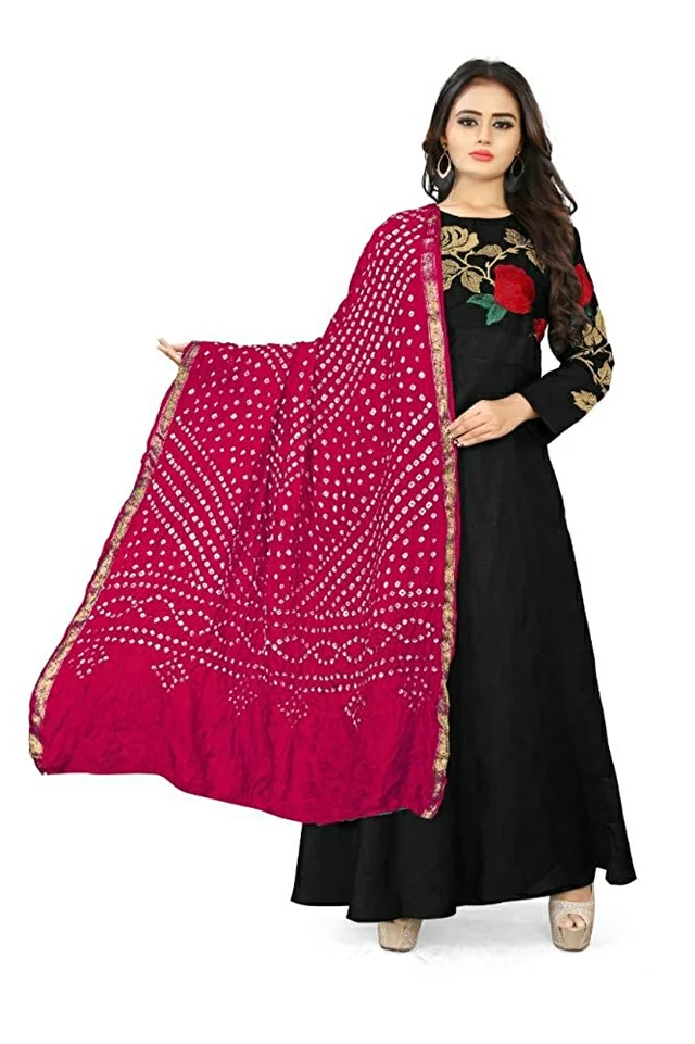 PK HUB® women's BANDHANI SILK dupatta with BANDHEJ work panna"40" and length 2.40 meter - FREE SIZE, Pink