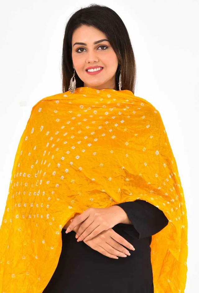 PK HUB® women's BANDHANI SILK dupatta with BANDHEJ work panna"40" and length 2.40 meter - FREE SIZE, Yellow
