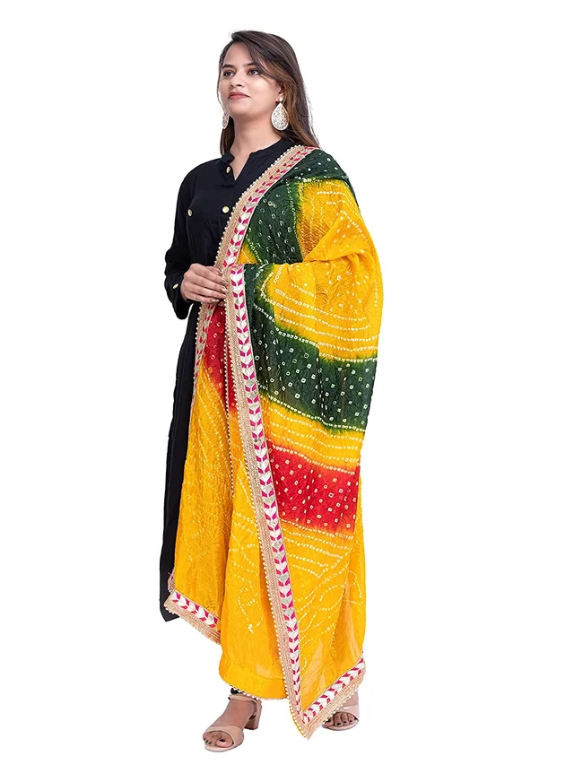 PK HUB® women's BANDHANI SILK dupatta with BANDHEJ work panna"40" and length 2.40 meter - FREE SIZE, Multicolor