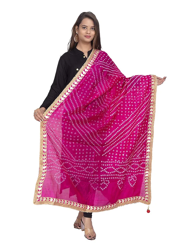 PK HUB® women's BANDHANI SILK dupatta with BANDHEJ work panna"40" and length 2.40 meter - FREE SIZE, Pink