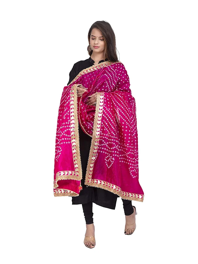 PK HUB® women's BANDHANI SILK dupatta with BANDHEJ work panna"40" and length 2.40 meter - FREE SIZE, Pink