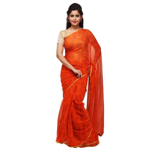PK HUB® Women's Chiffon Bandhnai Printed Saree With Blouse Piece - Orange