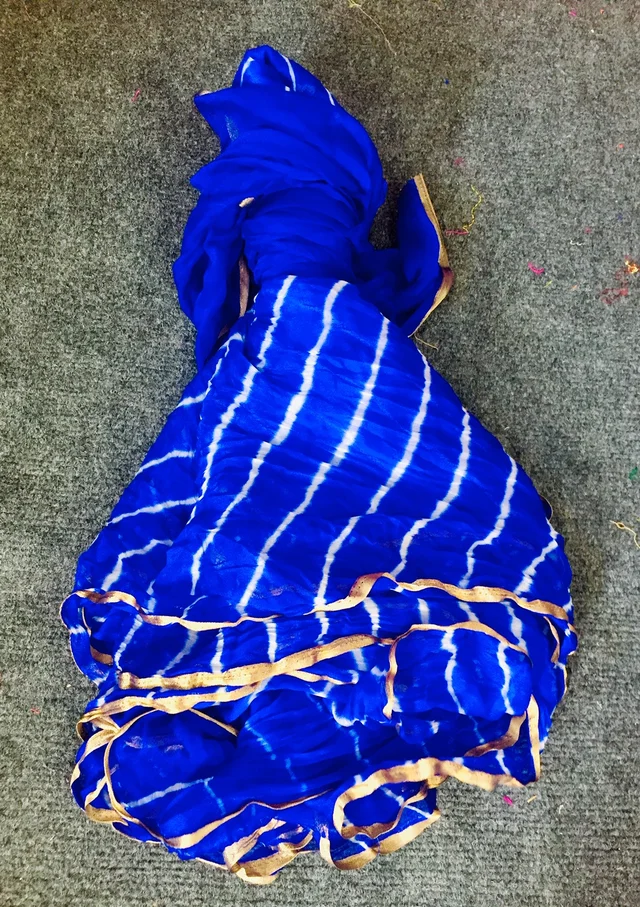 PK HUB®Women's Chiffon Leheriya Saree With Same Color Blouse Piece - Blue