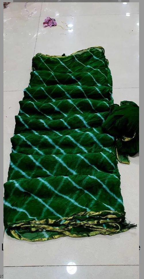 PK HUB®Women's Chiffon Leheriya Saree With Same Color Blouse Piece - Green