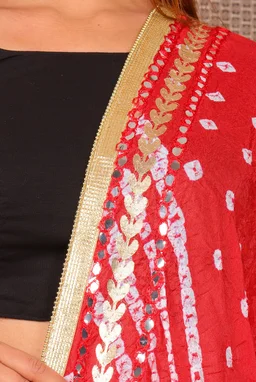 PK MART Dresses Jaipuri Rajasthani Women's Art Silk Bandhani Bandhej Dupatta With Heavy Mirror Work (Free size) - Free Size, Red