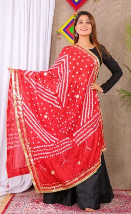 PK MART Dresses Jaipuri Rajasthani Women's Art Silk Bandhani Bandhej Dupatta With Heavy Mirror Work (Free size) - Free Size, Red