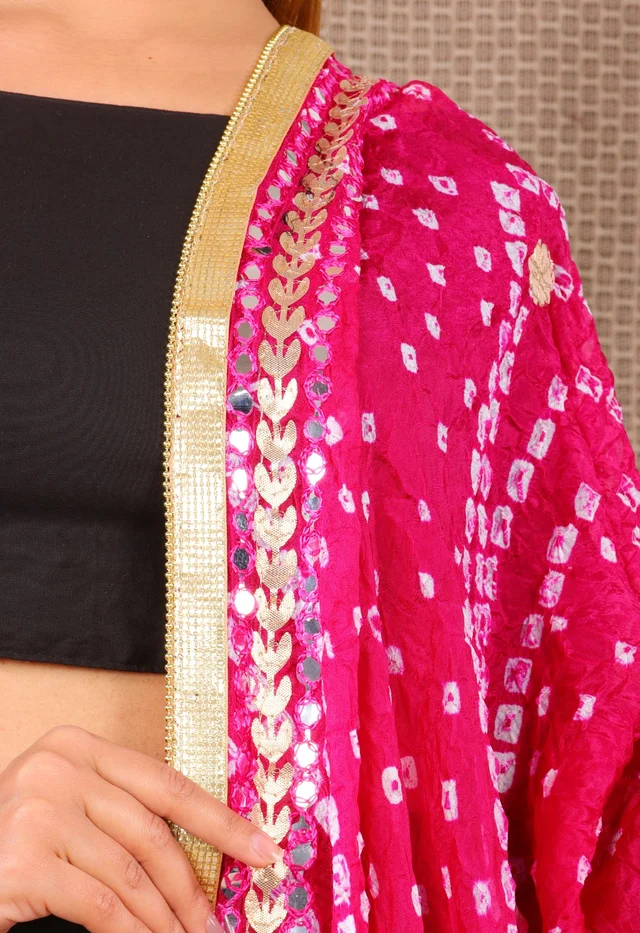 PK MART Dresses Jaipuri Rajasthani Women's Art Silk Bandhani Bandhej Dupatta With Heavy Mirror Work (Free size) - Free Size