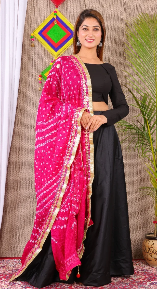 PK MART Dresses Jaipuri Rajasthani Women's Art Silk Bandhani Bandhej Dupatta With Heavy Mirror Work (Free size) - Free Size