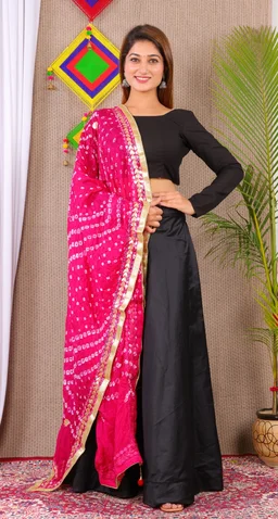 PK MART Dresses Jaipuri Rajasthani Women's Art Silk Bandhani Bandhej Dupatta With Heavy Mirror Work (Free size) - Free Size