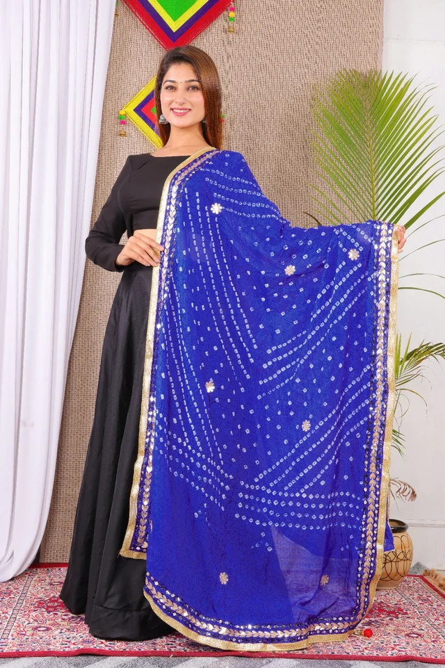 PK MART Dresses Jaipuri Rajasthani Women's Art Silk Bandhani Bandhej Dupatta With Heavy Mirror Work (Free size) - Free Size, Blue