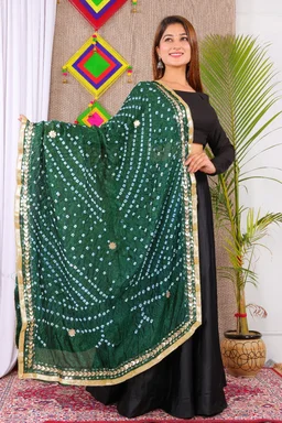 PK MART Dresses Jaipuri Rajasthani Women's Art Silk Bandhani Bandhej Dupatta With Heavy Mirror Work (Free size) - Free Size