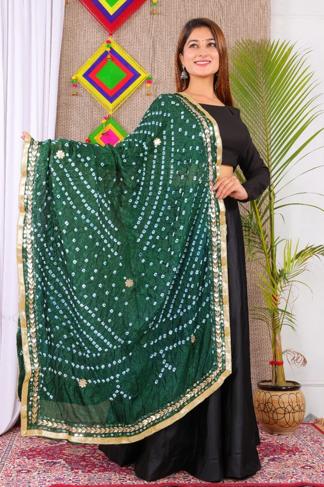 PK MART Dresses Jaipuri Rajasthani Women's Art Silk Bandhani Bandhej Dupatta With Heavy Mirror Work (Free size) - Free Size