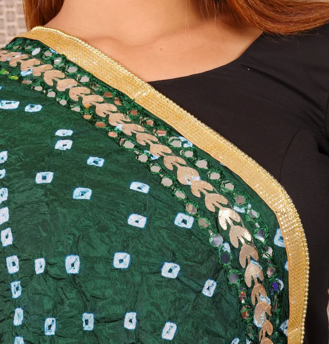 PK MART Dresses Jaipuri Rajasthani Women's Art Silk Bandhani Bandhej Dupatta With Heavy Mirror Work (Free size) - Free Size