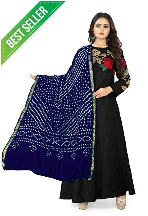 PK HUB PK MART women's BANDHANI SILK dupatta with BANDHEJ work Shine colour panna"40" and length 2.40 meter - FREE SIZE, Navy Blue
